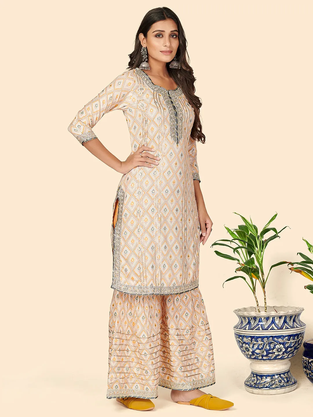 Women'S Print & Gota Patti Straight Muslin Yellow Stitched Kurta Sharara With Dupatta