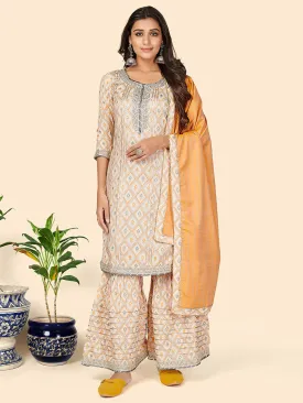 Women'S Print & Gota Patti Straight Muslin Yellow Stitched Kurta Sharara With Dupatta