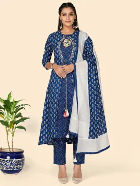 Women'S Print & Hand Work Straight Cotton Blue Stitched Kurta Set (Pack Of 4)