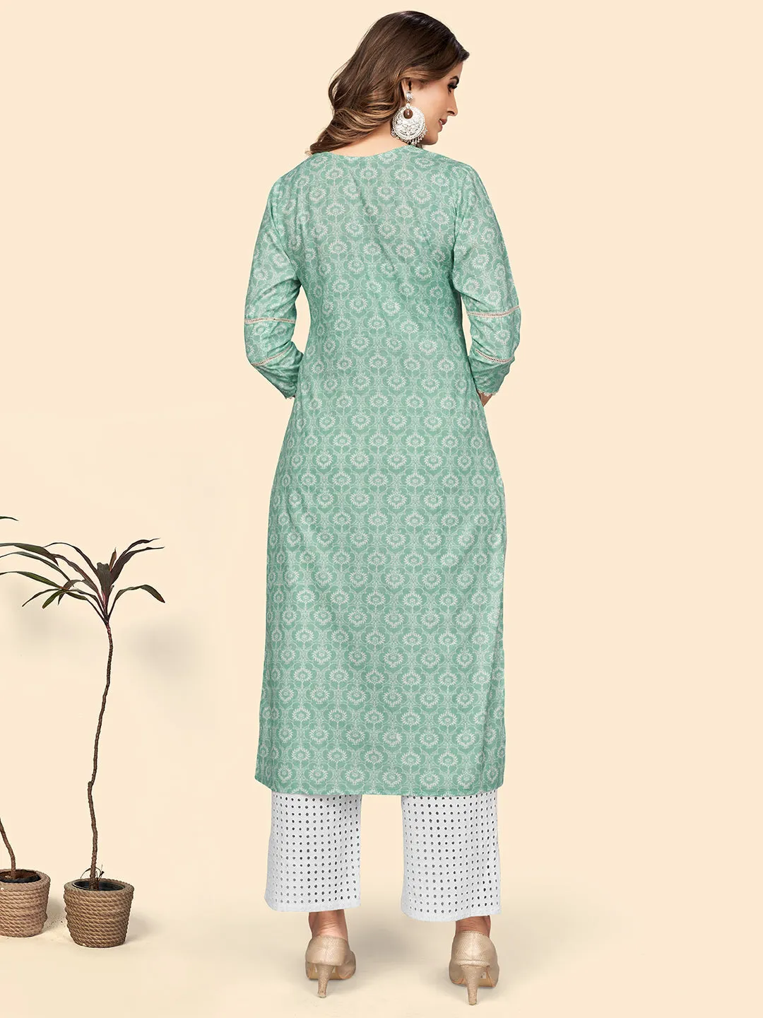 Women'S Print & Lace Work Straight Cotton Turquoise Stitched Kurta