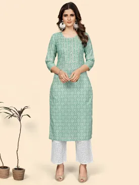 Women'S Print & Lace Work Straight Cotton Turquoise Stitched Kurta