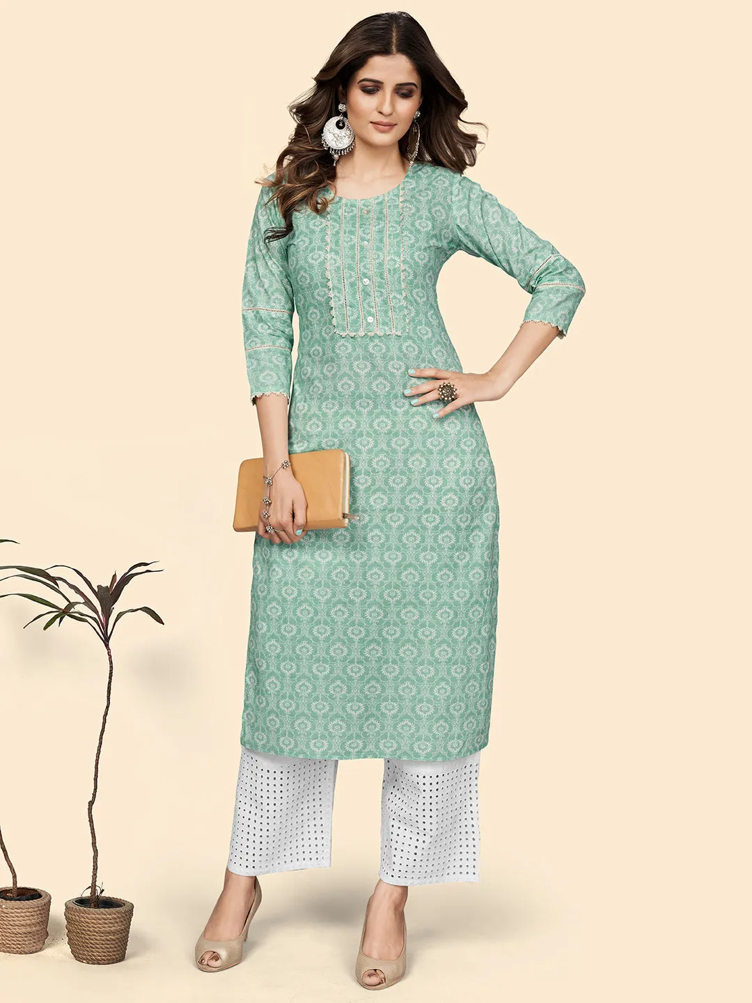 Women'S Print & Lace Work Straight Cotton Turquoise Stitched Kurta