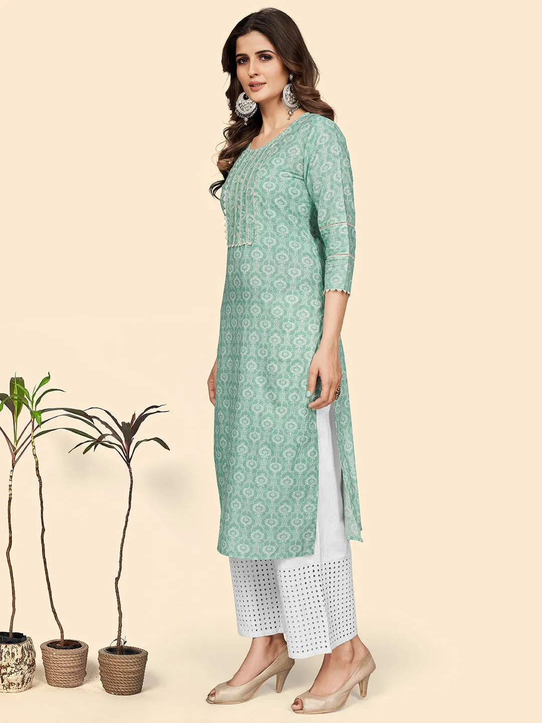 Women'S Print & Lace Work Straight Cotton Turquoise Stitched Kurta