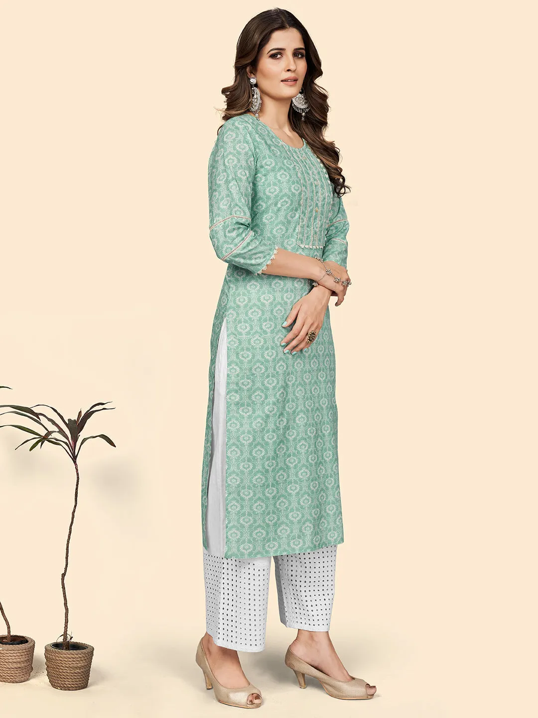 Women'S Print & Lace Work Straight Cotton Turquoise Stitched Kurta