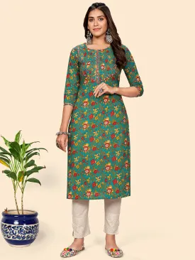 Women'S Print & Mirror Work Straight Cotton Auqa Stitched Kurta