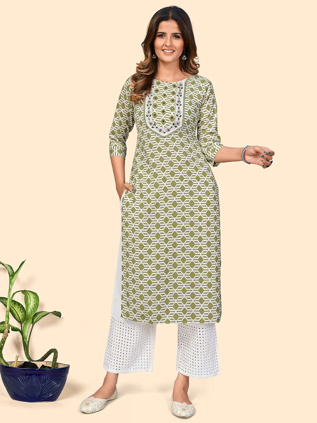 Women'S Print & Mirror Work Straight Viscose Pista Stitched Kurta