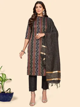 Women'S Print & Striped Straight Cotton Black Stitched Kurta Pant With Dupatta