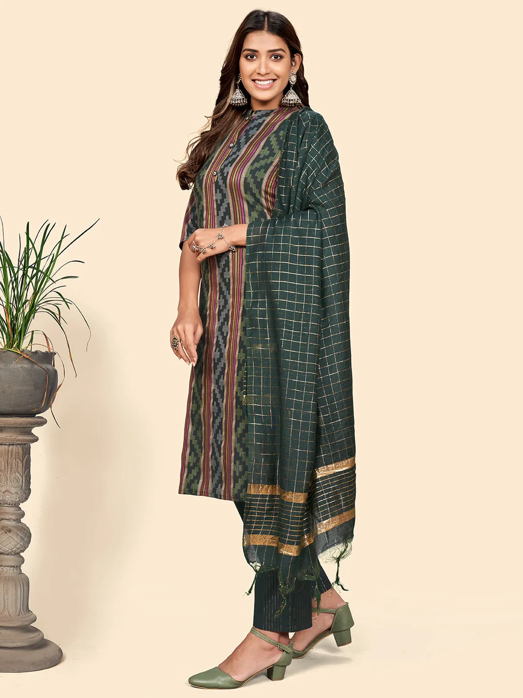 Women'S Print & Striped Straight Cotton Green Stitched Kurta Pant With Dupatta