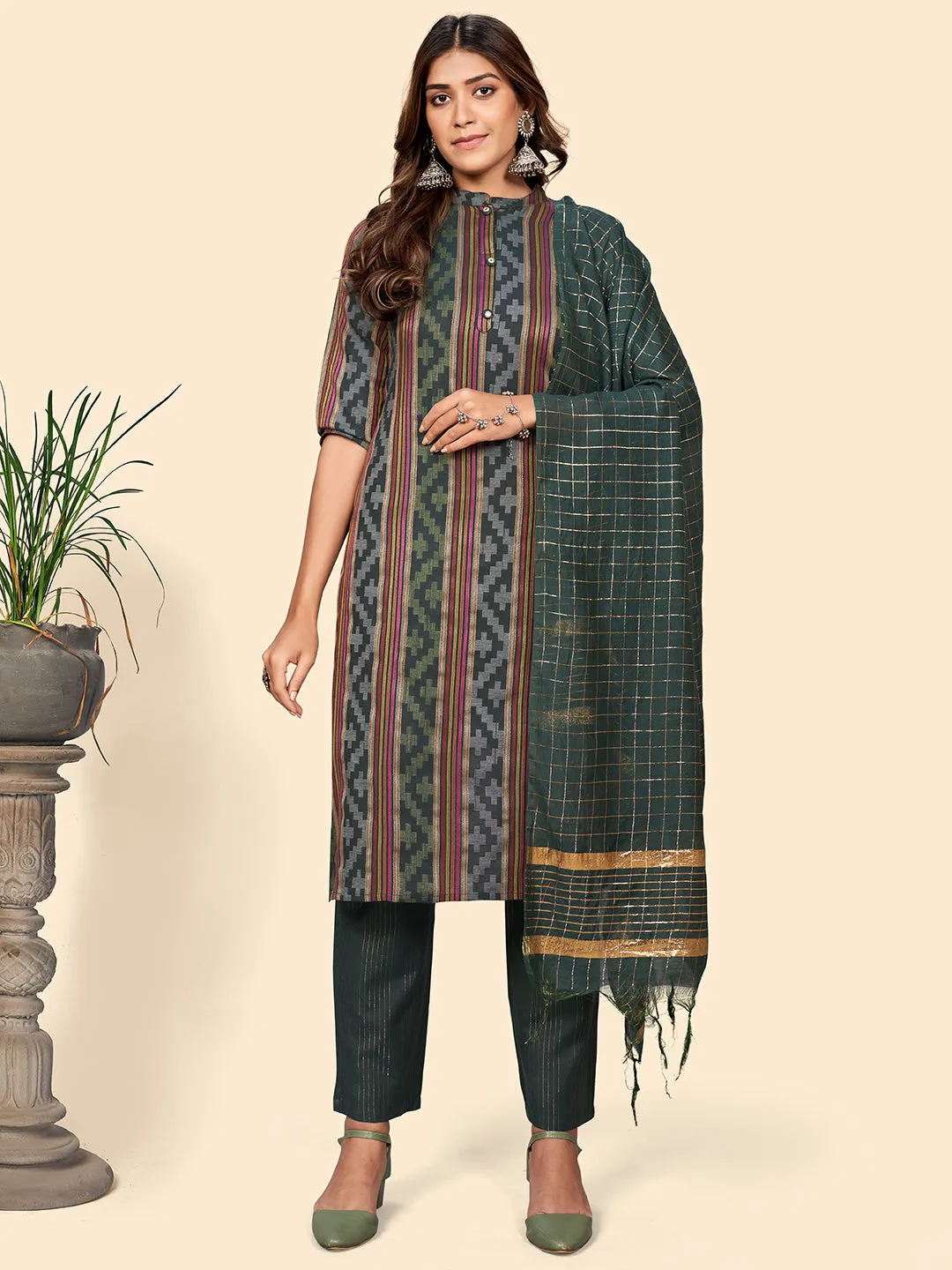 Women'S Print & Striped Straight Cotton Green Stitched Kurta Pant With Dupatta