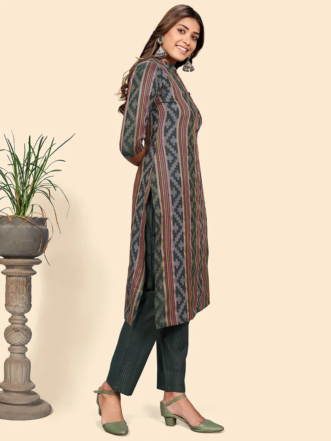 Women'S Print & Striped Straight Cotton Green Stitched Kurta Pant With Dupatta