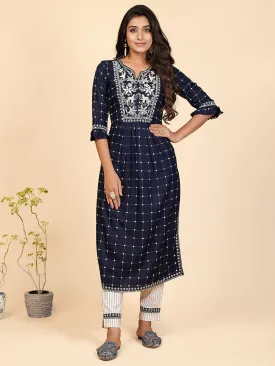 Women'S Printed & Embroidered A-Line With Side Slit Rayon Blue Stitched Kurta With Pant