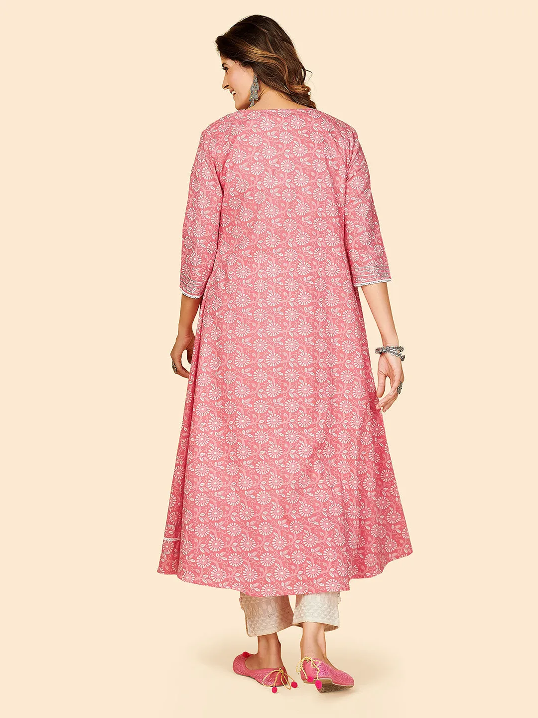 Women'S Printed & Embroidered Flared Cotton Pink Stitched Kurta With Shrug