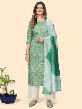 Women'S Printed & Embroidered Straight Chanderi Sea Green Stitched Kurta With Dupatta