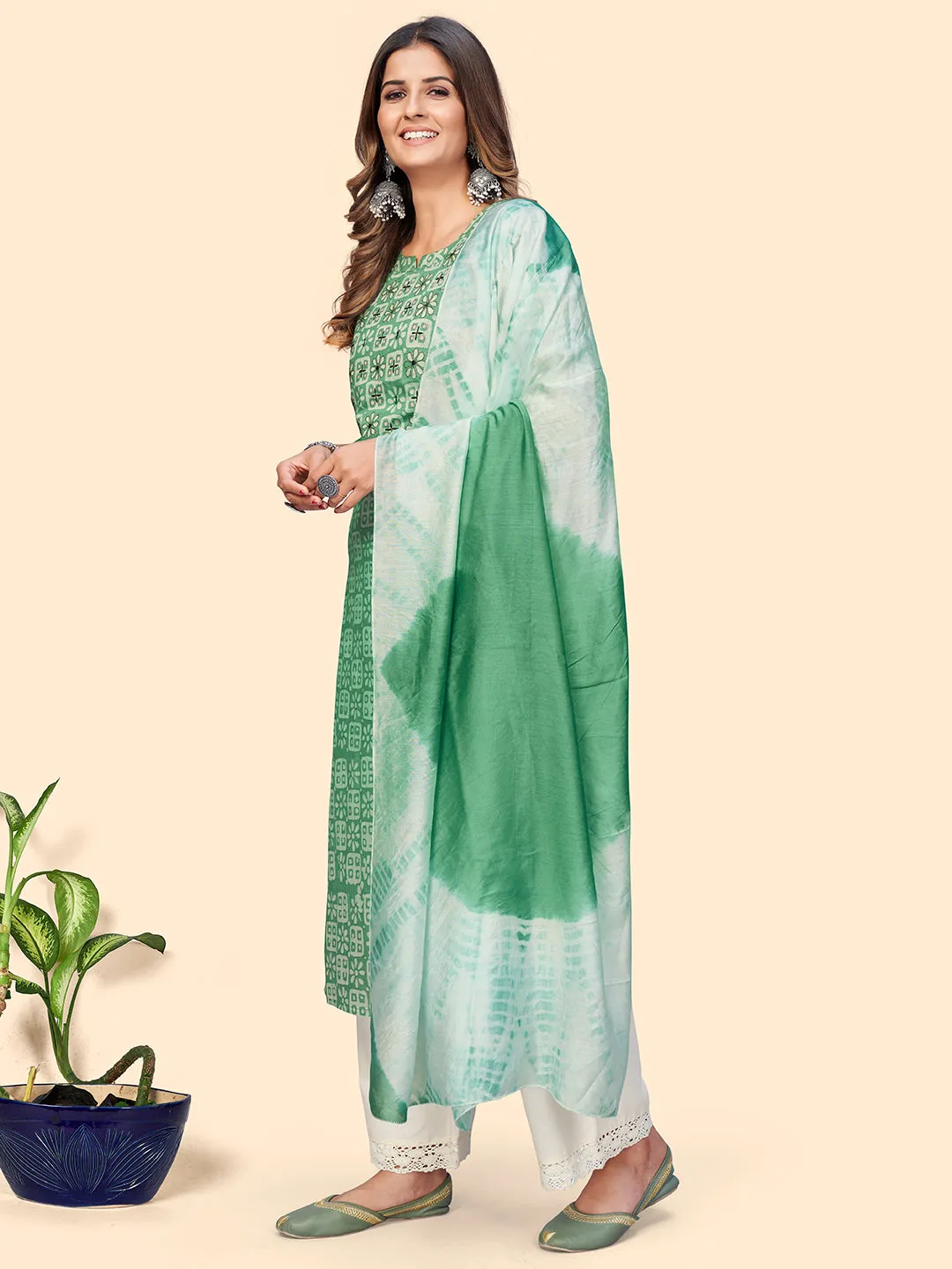 Women'S Printed & Embroidered Straight Chanderi Sea Green Stitched Kurta With Dupatta