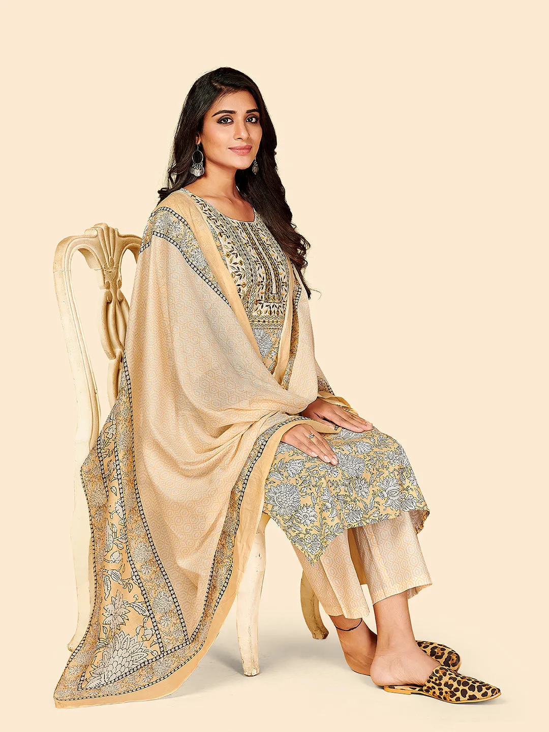 Women'S Printed & Embroidered Straight Cotton Beige Stitched Kurta Pant With Dupatta