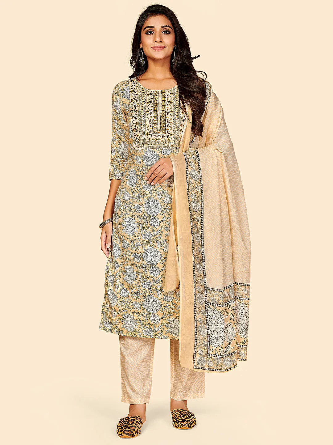 Women'S Printed & Embroidered Straight Cotton Beige Stitched Kurta Pant With Dupatta