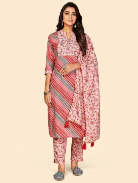 Women'S Printed & Embroidered Straight Cotton Pink Stitched Kurta Pant With Dupatta