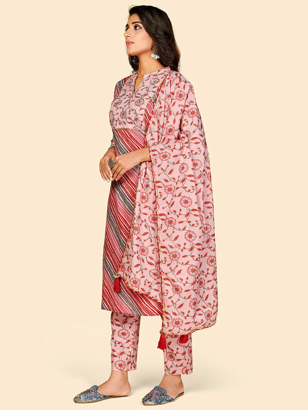 Women'S Printed & Embroidered Straight Cotton Pink Stitched Kurta Pant With Dupatta