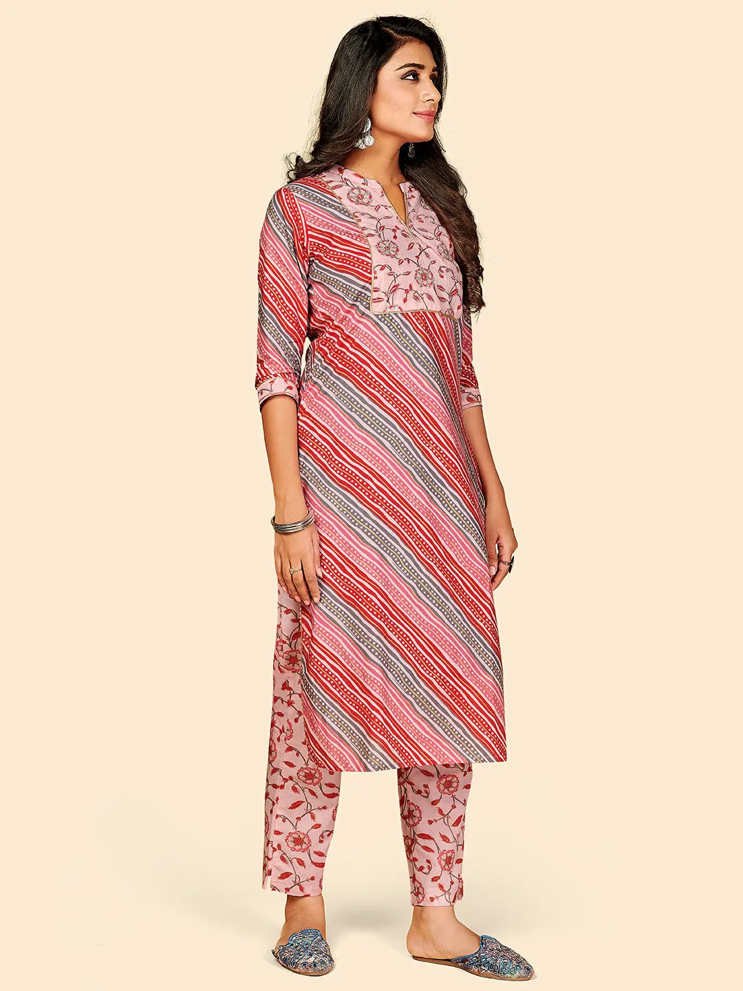 Women'S Printed & Embroidered Straight Cotton Pink Stitched Kurta Pant With Dupatta