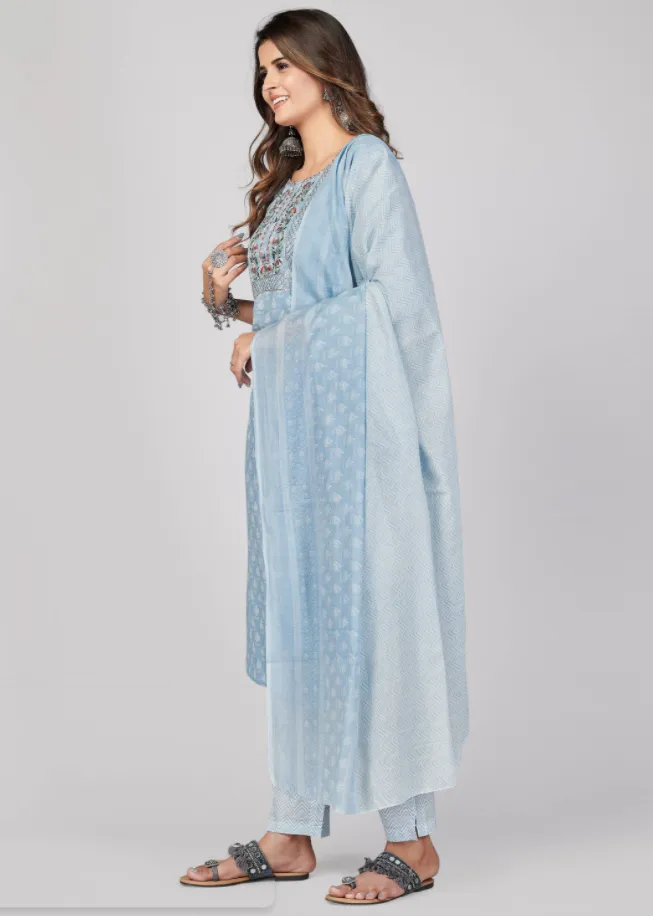 Women'S Printed & Embroidered Straight Cotton Sky Blue Stitched Kurta Pant With Dupatta (3Pcs Set)