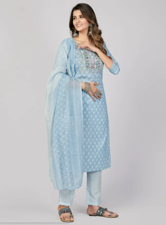 Women'S Printed & Embroidered Straight Cotton Sky Blue Stitched Kurta Pant With Dupatta (3Pcs Set)