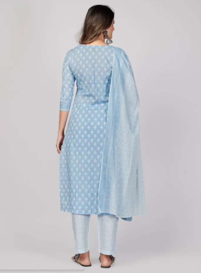 Women'S Printed & Embroidered Straight Cotton Sky Blue Stitched Kurta Pant With Dupatta (3Pcs Set)