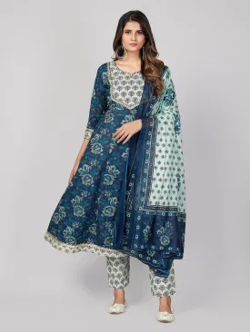 Women'S Printed & Gota Patti Work Anarkali Cotton Blue Stitched Kurta Pant With Dupatta