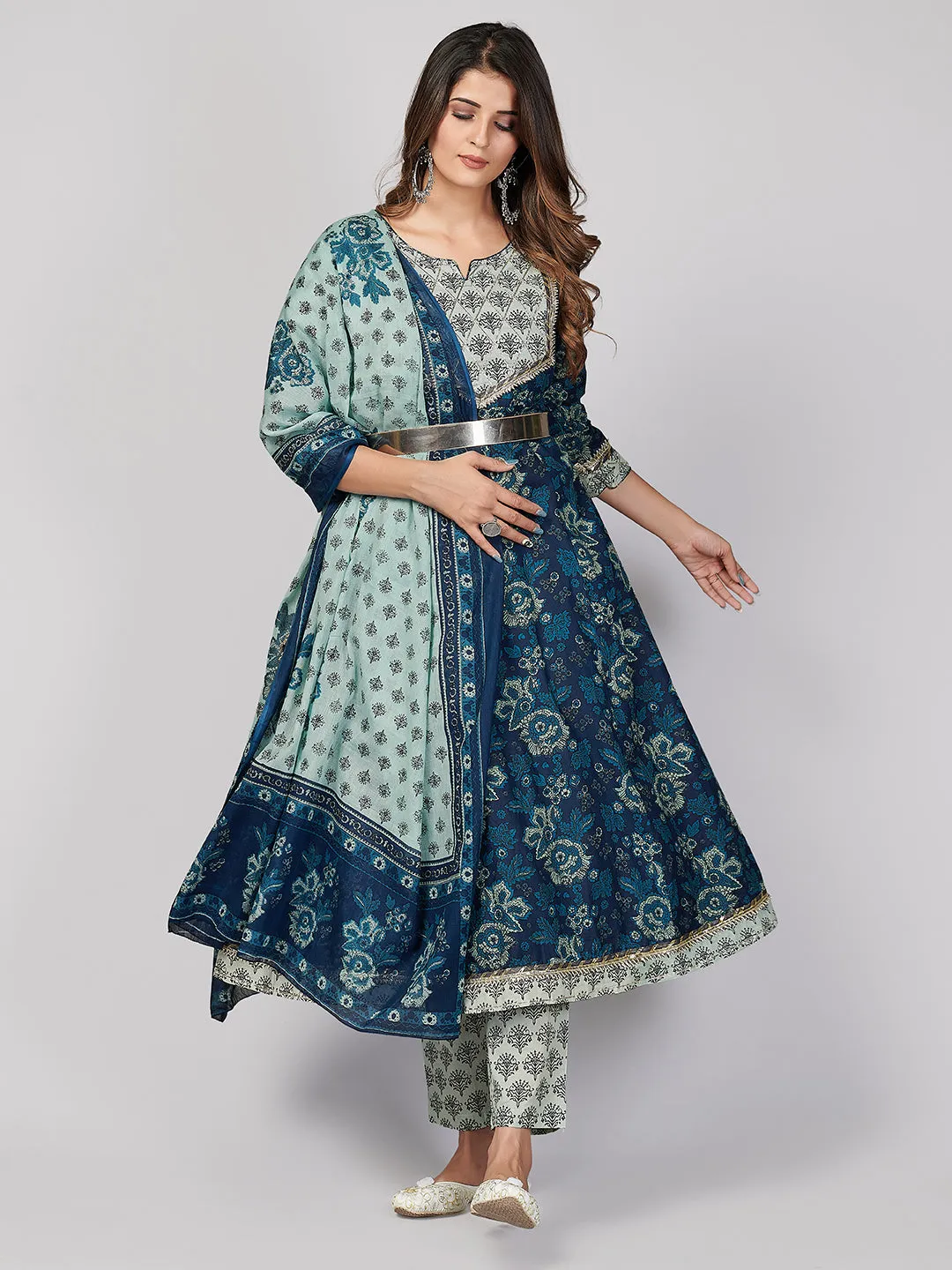 Women'S Printed & Gota Patti Work Anarkali Cotton Blue Stitched Kurta Pant With Dupatta