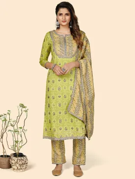 Women'S Printed & Gota Patti Work Straight Rayon Parrot Green Stitched Kurta Pant With Dupatta