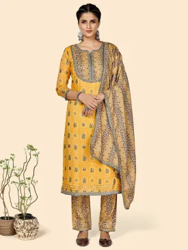 Women'S Printed & Gota Patti Work Straight Rayon Yellow Stitched Kurta Pant With Dupatta